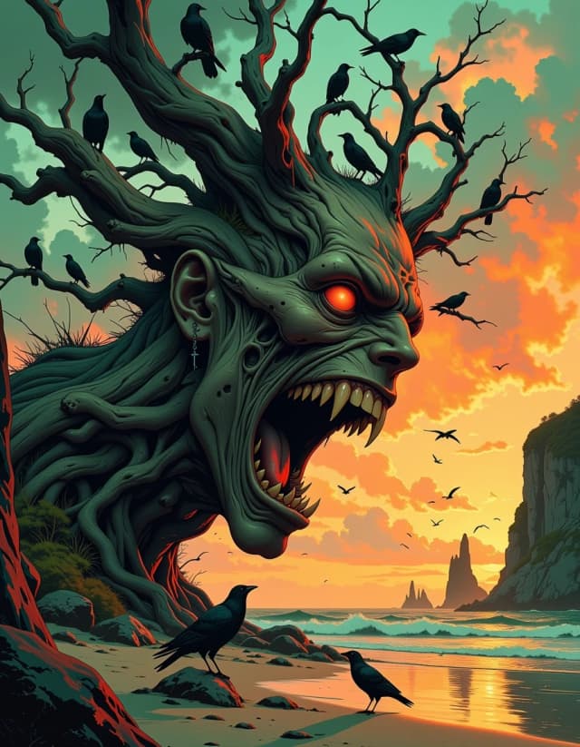 A masterpiece,  in the style of the 1980s, with bold lines, dynamic strokes and rich textures, on background with a touch of nostalgia, perhaps with subtle drawings inspired by cellulose and vintage, worn textures similar to paper,oil painting, A dark fantasy album-cover scene: a giant gnarled tree on a windswept shoreline, the trunk twisted into a contorted screaming human face with hollow eyes and an open mouth, bark forming sinewy flesh and exposed wood like skin; dozens of crows perched and circling on contorted branches, some silhouetted against a fiery orange-green stormy sky. Moody, cinematic volumetric lighting with rim light highlighting the face and wet bark, heavy dramatic clouds, distant jagged cliffs and a low tide shoreline with reflective wet sand. Hyper-detailed painterly realism, high contrast, rich warm oranges and sickly greens, textured oil-paint and digital matte painting blend, intricate bark grain, moss, and knot details, subtle fog rolling across the beach, scattered seagull silhouettes, atmospheric depth, film grain, wide 16:9 composition, central focal tree slightly right of center, room for gothic white lettering in left negative space, epic, haunting, melancholic tone.
