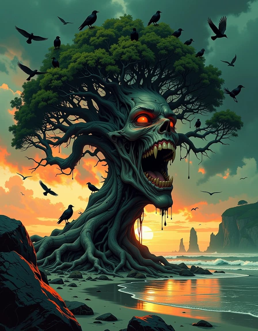 A masterpiece,  in the style of the 1980s, with bold lines, dynamic strokes and rich textures, on background with a touch of nostalgia, perhaps with subtle drawings inspired by cellulose and vintage, worn textures similar to paper,oil painting, A dark fantasy album-cover scene: a giant gnarled tree on a windswept shoreline, the trunk twisted into a contorted screaming human face with hollow eyes and an open mouth, bark forming sinewy flesh and exposed wood like skin; dozens of crows perched and circling on contorted branches, some silhouetted against a fiery orange-green stormy sky. Moody, cinematic volumetric lighting with rim light highlighting the face and wet bark, heavy dramatic clouds, distant jagged cliffs and a low tide shoreline with reflective wet sand. Hyper-detailed painterly realism, high contrast, rich warm oranges and sickly greens, textured oil-paint and digital matte painting blend, intricate bark grain, moss, and knot details, subtle fog rolling across the beach, scattered seagull silhouettes, atmospheric depth, film grain, wide 16:9 composition, central focal tree slightly right of center, room for gothic white lettering in left negative space, epic, haunting, melancholic tone.