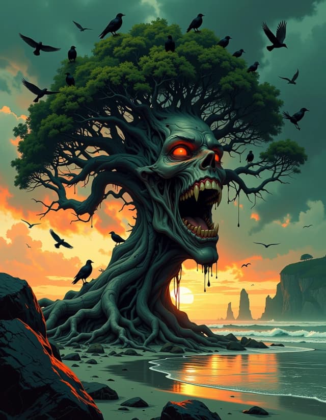 A masterpiece,  in the style of the 1980s, with bold lines, dynamic strokes and rich textures, on background with a touch of nostalgia, perhaps with subtle drawings inspired by cellulose and vintage, worn textures similar to paper,oil painting, A dark fantasy album-cover scene: a giant gnarled tree on a windswept shoreline, the trunk twisted into a contorted screaming human face with hollow eyes and an open mouth, bark forming sinewy flesh and exposed wood like skin; dozens of crows perched and circling on contorted branches, some silhouetted against a fiery orange-green stormy sky. Moody, cinematic volumetric lighting with rim light highlighting the face and wet bark, heavy dramatic clouds, distant jagged cliffs and a low tide shoreline with reflective wet sand. Hyper-detailed painterly realism, high contrast, rich warm oranges and sickly greens, textured oil-paint and digital matte painting blend, intricate bark grain, moss, and knot details, subtle fog rolling across the beach, scattered seagull silhouettes, atmospheric depth, film grain, wide 16:9 composition, central focal tree slightly right of center, room for gothic white lettering in left negative space, epic, haunting, melancholic tone.