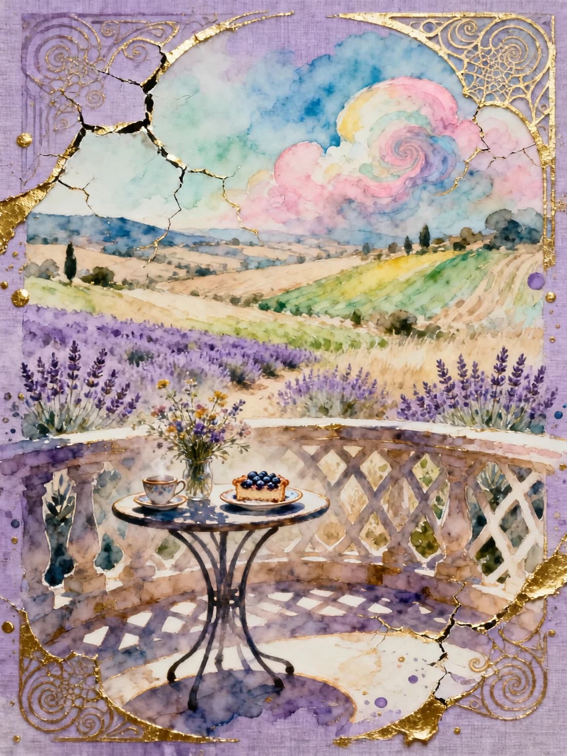 Soft watercolor with lots of flecks on a lavender background. An abstract solution. Watercolor painting in the style of Agnes Cecile with streaks, splashes and drops of paint in the style of impressionism. The terrace of the house with an openwork parapet. A small table with a cup of tea, blueberry pie on a saucer and a bouquet of wildflowers. Silhouette solution. The background is a view of a field with flowering lavender bushes. The aesthetics of Provence. Gradient transitions of pastel shades (blue, pink, lavender, mint, light green, grassy, yellow-green, beige) are made using the technique of "wet" coloring. Everything is decorated with intricate kintsugi veins, made in the form of three-dimensional lines in embossed gold paste. Swirling fractal clouds of pastel watercolor paints. Radiance around the edges and deep picturesque shadows. Splashes of color around the edges. Drops and splashes. Art Nouveau, Art Deco style. Psychedelic, abstract artistic energy. Highly detailed macrotexture of gold, reflective metallic texture of golden contours, intense luster. Thin, graceful cracks of golden kintsuga decorate the lavender space of the negative, creating an airy decorative network of craquelures. The frame is Art Nouveau, art Deco. Linen background with a dense, well-defined texture of watercolor paper. Cinematic lighting, sophisticated, dreamy, high-contrast gold on a background of delicate colors. Aesthetics of creativity and classics, high detail, gallery-quality finishes.