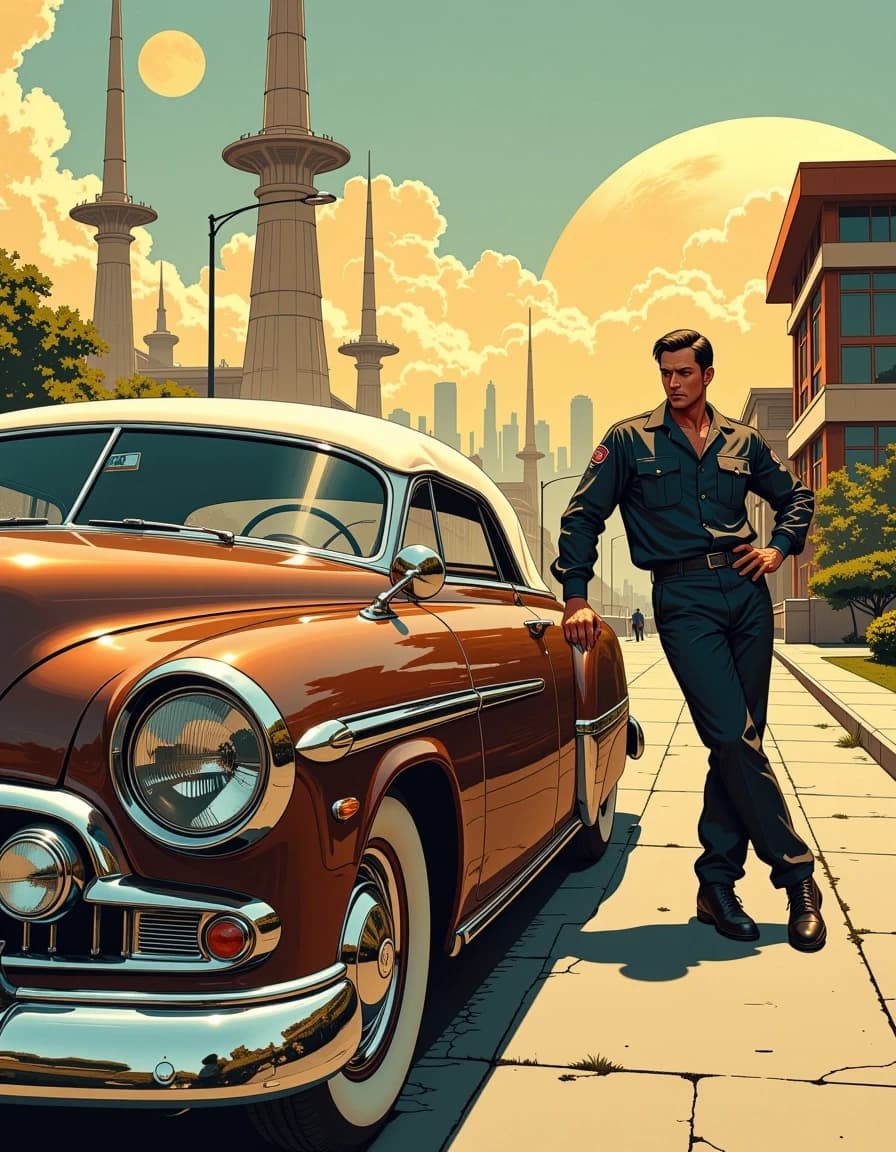 A masterpiece,  in the style of the 1980s, with bold lines, dynamic strokes and rich textures, on background with a touch of nostalgia, perhaps with subtle drawings inspired by cellulose and vintage, worn textures similar to paper, oil painting, A cinematic photorealistic scene: a polished vintage 1940s/50s brown classic car with gleaming chrome bumpers and hubcaps parked in the foreground, a confident man in a dark utilitarian jumpsuit leaning casually on the fender, hands relaxed, neutral expression. Behind them a wide, gently rising boulevard lined with futuristic lamp posts leads to a utopian city of smooth organic towers and elevated circular platforms, twin large moons low on the horizon. Warm golden hour light, soft volumetric rays, subtle rim lighting on chrome and glass, gentle lens flare. High detail textures: glossy car paint, brushed metal, concrete, manicured drought-tolerant landscaping. Low-angle wide composition, strong leading lines, shallow depth of field with crisp foreground and slightly softened distant skyline. Retrofuturism meets mid-century modern, moody yet hopeful atmosphere, ultra-detailed, photoreal, 35mm perspective, vertical 2:3 portrait orientation, 8k quality, realistic shadows and ray-traced reflections.