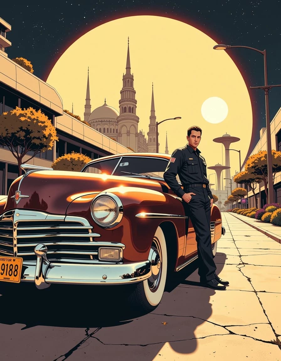 A masterpiece,  in the style of the 1980s, with bold lines, dynamic strokes and rich textures, on background with a touch of nostalgia, perhaps with subtle drawings inspired by cellulose and vintage, worn textures similar to paper, oil painting, A cinematic photorealistic scene: a polished vintage 1940s/50s brown classic car with gleaming chrome bumpers and hubcaps parked in the foreground, a confident man in a dark utilitarian jumpsuit leaning casually on the fender, hands relaxed, neutral expression. Behind them a wide, gently rising boulevard lined with futuristic lamp posts leads to a utopian city of smooth organic towers and elevated circular platforms, twin large moons low on the horizon. Warm golden hour light, soft volumetric rays, subtle rim lighting on chrome and glass, gentle lens flare. High detail textures: glossy car paint, brushed metal, concrete, manicured drought-tolerant landscaping. Low-angle wide composition, strong leading lines, shallow depth of field with crisp foreground and slightly softened distant skyline. Retrofuturism meets mid-century modern, moody yet hopeful atmosphere, ultra-detailed, photoreal, 35mm perspective, vertical 2:3 portrait orientation, 8k quality, realistic shadows and ray-traced reflections.