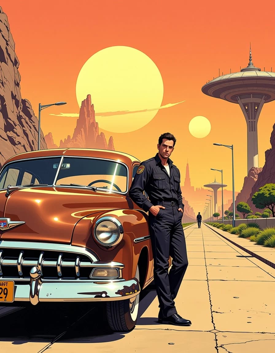 A masterpiece,  in the style of the 1980s, with bold lines, dynamic strokes and rich textures, on background with a touch of nostalgia, perhaps with subtle drawings inspired by cellulose and vintage, worn textures similar to paper, oil painting, A cinematic photorealistic scene: a polished vintage 1940s/50s brown classic car with gleaming chrome bumpers and hubcaps parked in the foreground, a confident man in a dark utilitarian jumpsuit leaning casually on the fender, hands relaxed, neutral expression. Behind them a wide, gently rising boulevard lined with futuristic lamp posts leads to a utopian city of smooth organic towers and elevated circular platforms, twin large moons low on the horizon. Warm golden hour light, soft volumetric rays, subtle rim lighting on chrome and glass, gentle lens flare. High detail textures: glossy car paint, brushed metal, concrete, manicured drought-tolerant landscaping. Low-angle wide composition, strong leading lines, shallow depth of field with crisp foreground and slightly softened distant skyline. Retrofuturism meets mid-century modern, moody yet hopeful atmosphere, ultra-detailed, photoreal, 35mm perspective, vertical 2:3 portrait orientation, 8k quality, realistic shadows and ray-traced reflections.