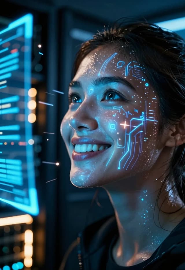 Cinematic hyper-realistic close-up, 8K. A female hacker in the middle of a high-stakes moment. She’s not looking at the camera; she’s looking slightly above it, at a floating holographic display. Her face is lit by the intense blue glow of the hologram. Her expression is a mix of concentration and triumph: her eyes are wide and focused, her lips parted in a sharp, exhilarated grin — the kind of smile you get when you’ve just cracked a tough code.

Her face and neck are partially obscured by translucent, glowing data streams. These are not words, but abstract visualizations of data: flowing particles, circuit traces, and geometric shapes that move and pulse with light. Some elements appear to be projected onto her skin, while others seem to be visible through it.

Lighting: the primary light source is the hologram itself — a bright, cold blue that casts sharp shadows and creates a dramatic contrast. There’s a secondary warm amber light from a distant server rack, adding a subtle contrasting tone to the shadows.

Details: hyper-detailed skin texture, visible pores, and the sheen of adrenaline-induced sweat. Her irises are crystal clear with multiple catchlights. Strands of her dark hair are slightly disheveled, adding to the intensity of the moment.

Background: dark, industrial server room or high-tech control center. Out-of-focus blinking LEDs, server racks, and floating data readouts create a sense of a busy, high-tech environment.

Technical: dynamic lighting, volumetric light rays, motion blur on the floating data particles, shallow depth of field, focus on the eyes and the glowing data patterns.