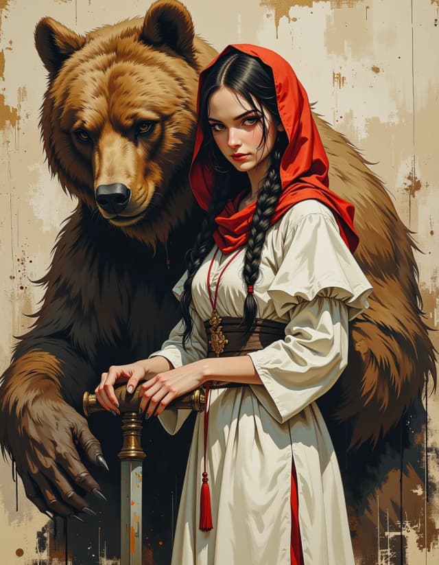 A masterpiece,  in the style of the 1980s, with bold lines, dynamic strokes and rich textures, on background with a touch of nostalgia, perhaps with subtle drawings inspired by cellulose and vintage, worn textures similar to paper, oil painting, watercolor, acrylic, random pose character from a Russian fairy tale. a white woman with a long dark braid and a red scarf on her head. and a good bear. Realistic. Magical atmosphere, witch background, Russian style, Middle Ages, dark fantasy, oil watercolor, brush strokes, illustrations from the book. hdr