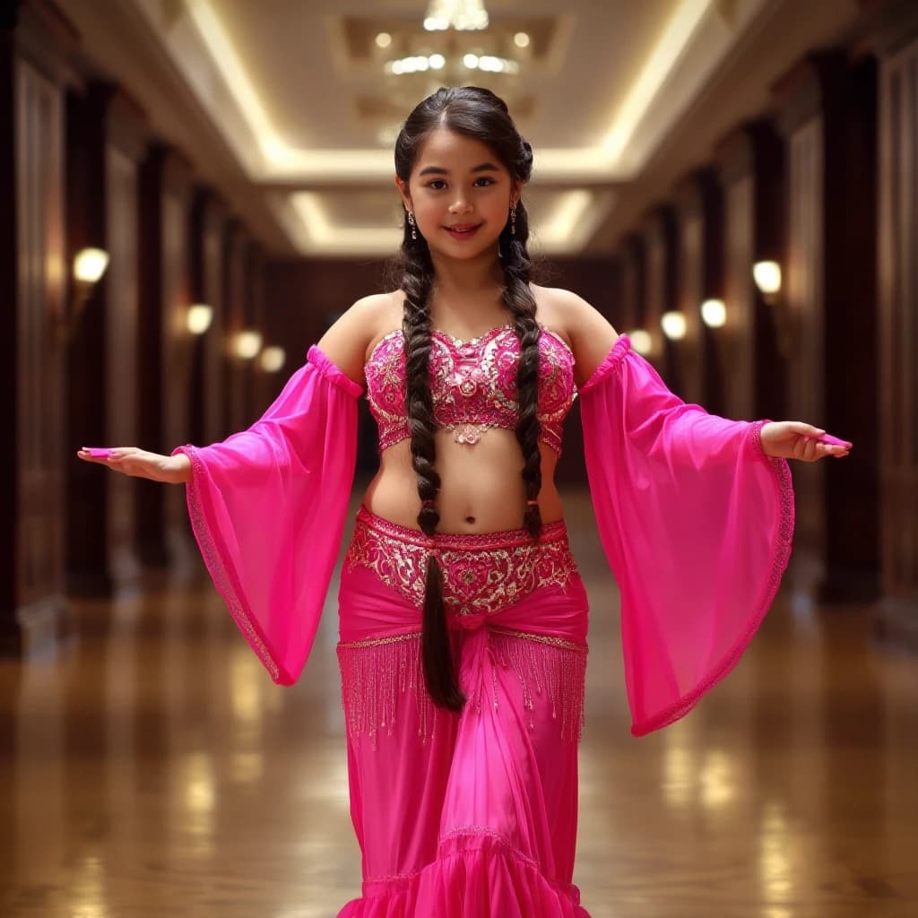 front view chubby belly dancer girl in pink costume brunette one long braid hair stand in hall