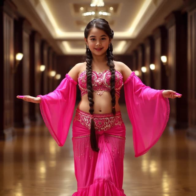 front view chubby belly dancer girl in pink costume brunette one long braid hair stand in hall