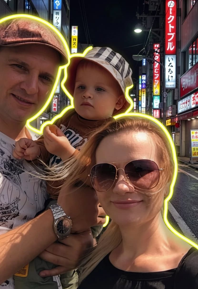 A high-quality commercial mixed-media artwork based on the source family photo. The three people from the photo—the man on the left, the little child in the middle, and the woman on the right—must all remain 100% fully visible, untouched, and in their original positions. Do not erase or replace any of the people. Change the background behind them to a dark night Tokyo street with glowing signs. Add a few very simple, thick, bold glowing LED neon lines that gently highlight only the outer contours of their shoulders and heads, with a big distance between the lines. Keep all three people perfectly clear and safe.