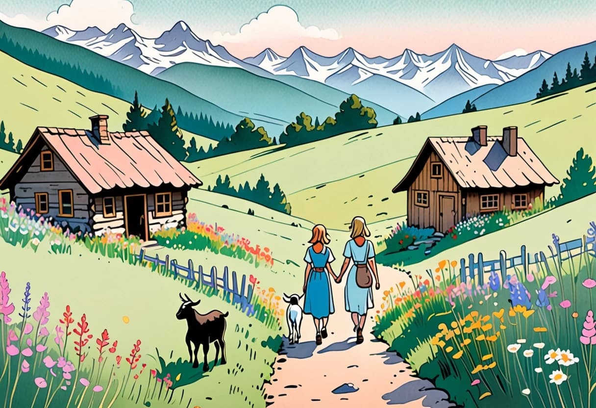 storybook art depicting a scene from Heidi. A girl and a woman walking hand-in-hand through a valley filled with wildflowers, heading towards the high mountains where a small hut stands. The grandfather is visible on the porch. A curious goat and a sleepy dog accompany the travelers. Fine ink contours, soft faded pastel palette, minimalistic and elegant, fairytale charm, 8k.