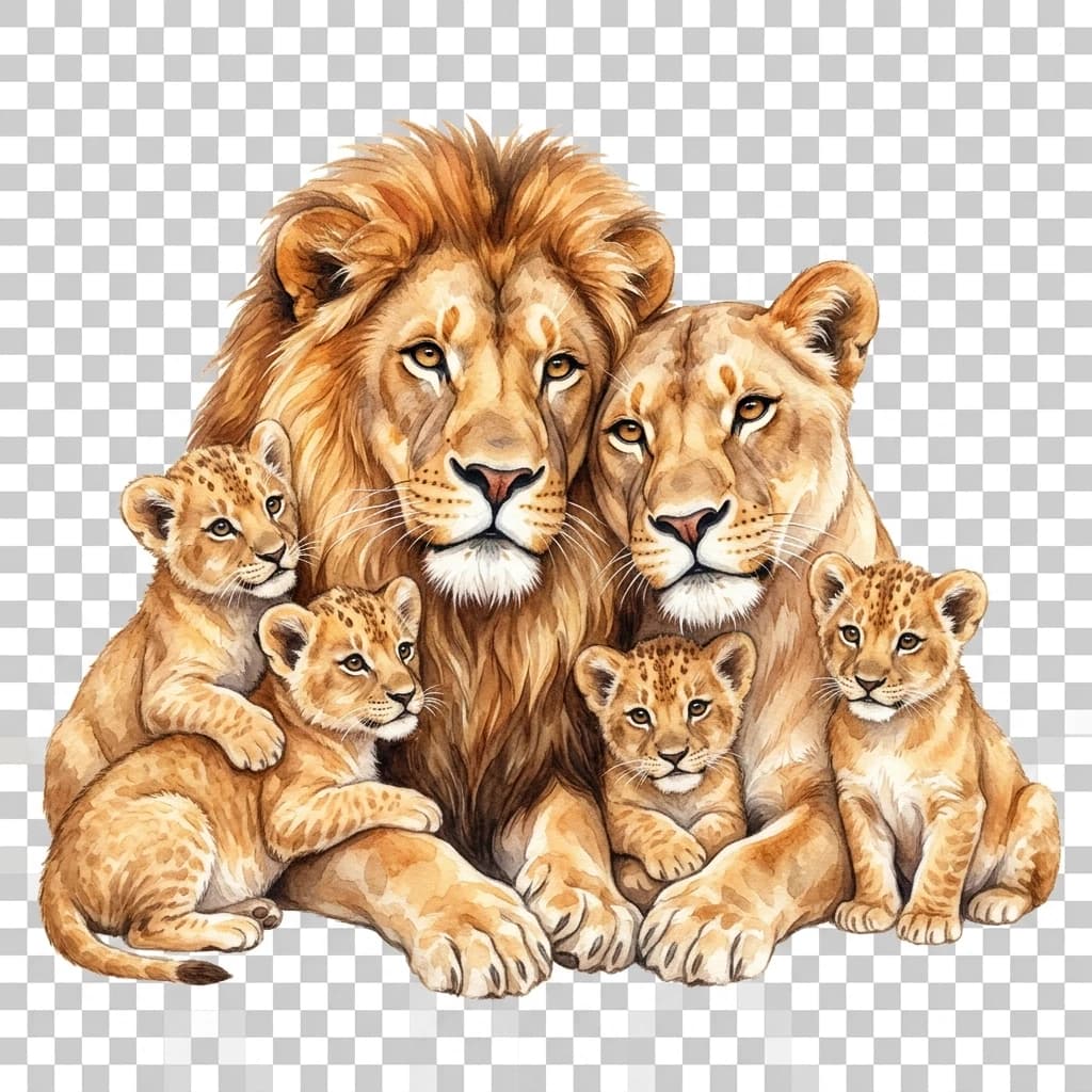 Draw a touching scene: a lion family, closely pressed against each other, conveys a sense of love, understanding, warmth, and affection. In the center, there is a male lion, next to him is a female lion, and on either side are three small lion cubs. The lions are looking at the viewer; their gazes are filled with tenderness and care. The lions’ fur is rendered in detail: soft highlights in golden‑red shades, gentle reflections. Background: transparent. Done in watercolor.