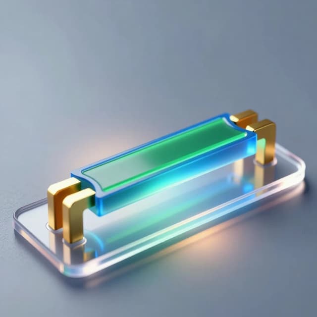 A hyper‑realistic scientific 3D illustration of a single organic field‑effect transistor with a bottom gate and top contacts of the following structure (from bottom to top): a flexible transparent PET substrate, a continuous aluminum gate, a thin translucent blue layer of aluminum oxide dielectric, a thin green single‑crystal organic semiconductor, two gold contacts for the source (on the left) and the drain (on the right), with a distance between them that is 10 times greater than the thickness of the semiconductor layer. The device emits a slight internal glow, indicating the flow of current through the channel. Macro photography, extreme close‑up, shallow depth of field with focus on the active layers. Cold, directional studio lighting from above combined with soft backlighting from below through a substrate to accentuate the gate‑dielectric interface. Reflections with ray tracing, caustics, and electric field aura effects around the contacts. A clean, high‑tech atmosphere, a sterile environment, no contact pads. 8K resolution, complex microscopic details, photorealistic textures.