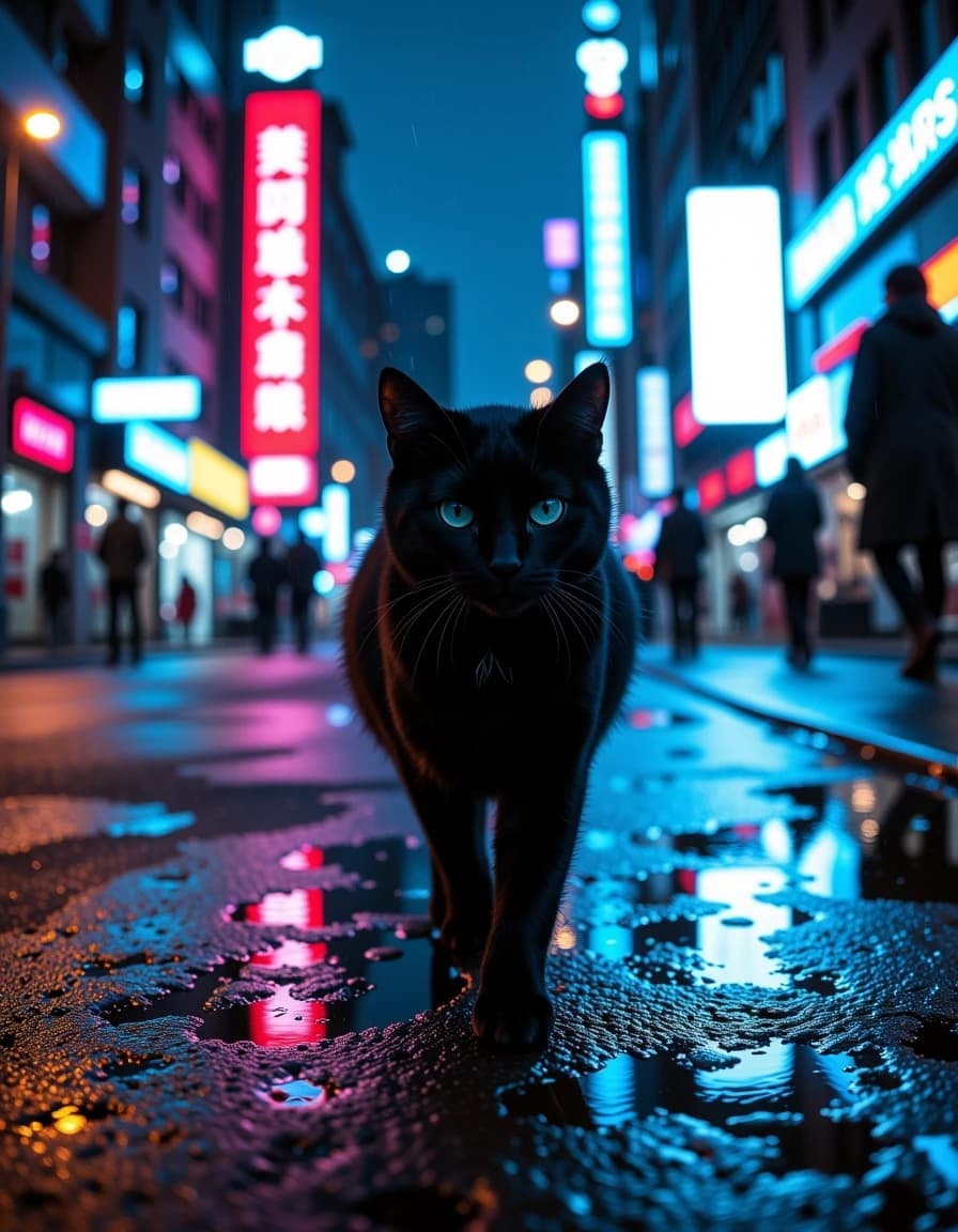 Cinematic moody night city, rainy street, wet asphalt with neon reflections, lonely black cat walking slowly, close-up of cat’s eyes, no people in foreground, distant blurred silhouettes, cold blue-purple palette, street lamps, soft film grain, light rain, camera following the cat, slow motion, 16:9, atmospheric, melancholic.