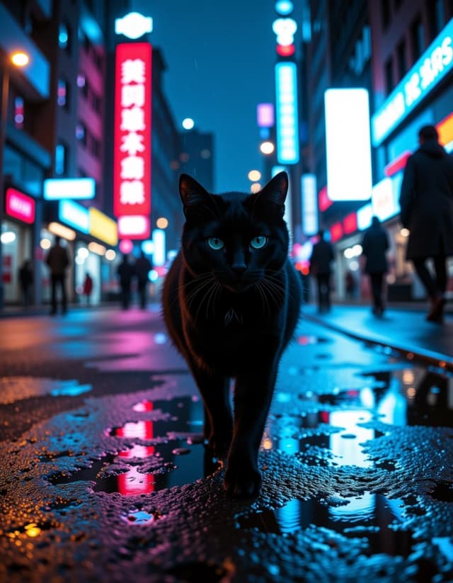 Cinematic moody night city, rainy street, wet asphalt with neon reflections, lonely black cat walking slowly, close-up of cat’s eyes, no people in foreground, distant blurred silhouettes, cold blue-purple palette, street lamps, soft film grain, light rain, camera following the cat, slow motion, 16:9, atmospheric, melancholic.