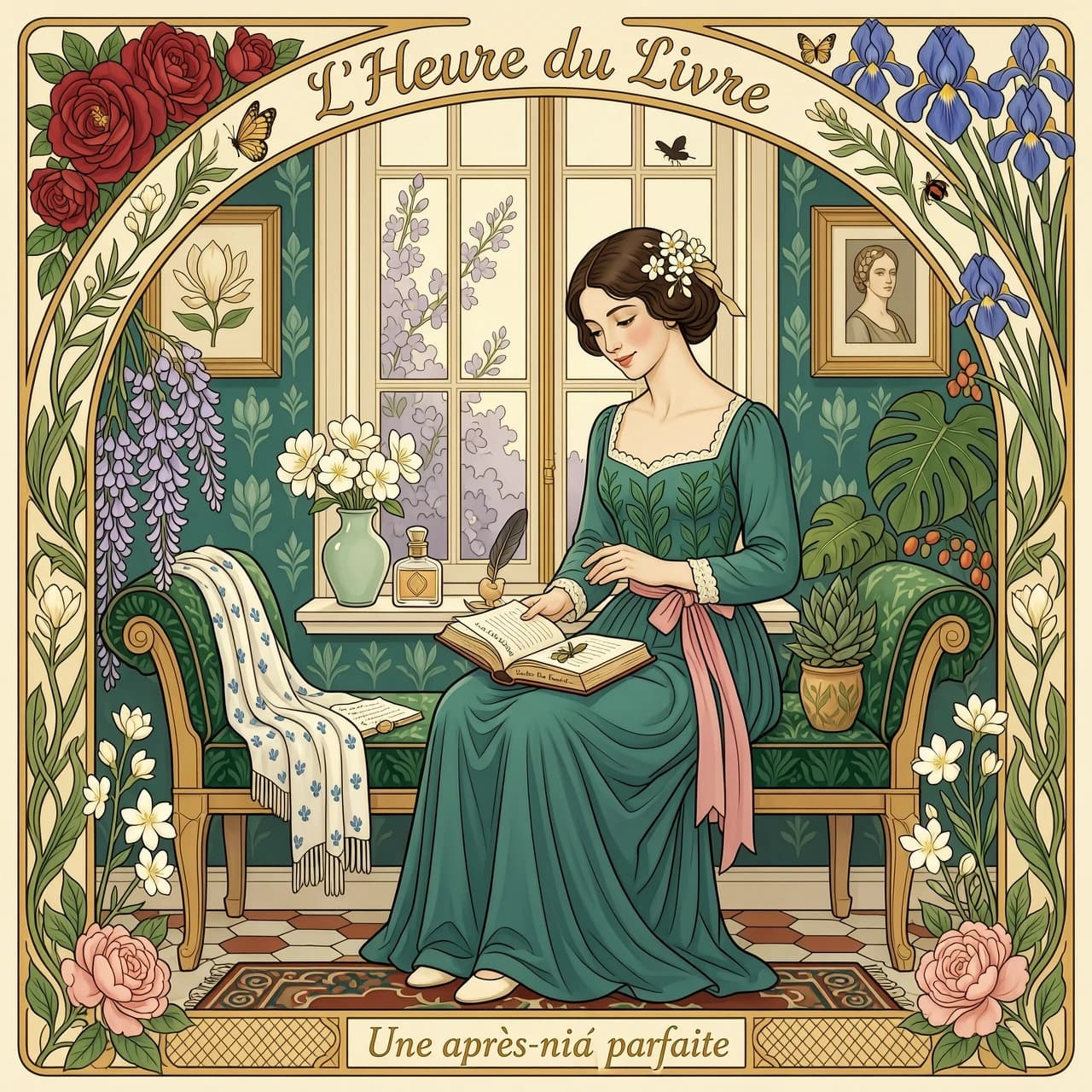A woman sits in a sun-drenched window seat, surrounded by an abundance of vibrant, blooming flowers. She is reading a book, a gentle smile on her face. The style is reminiscent of Art Nouveau, with flowing lines, organic shapes, and a rich, decorative quality. Think Alphonse Mucha meets a cozy reading nook.