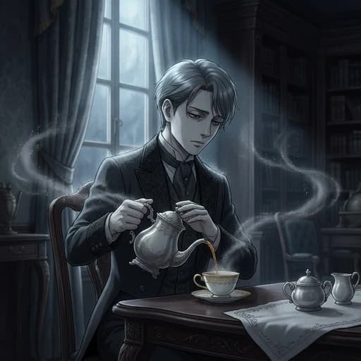 A high‑quality anime masterpiece, a cinematic composition, a young man with pale ashen skin and melancholic eyes, dressed in a strict, refined dark suit in the Victorian era. He elegantly pours tea from a tea set into a porcelain cup. Fine, glowing gray ash falls from his body and clothes, floating in the air like falling snow. A gloomy and otherworldly atmosphere, dramatic chiaroscuro, and soft moonlight filtering through the dark room. Intricate details of a tea steam, the texture of porcelain, and floating particles of ash. An artistic style inspired by Makoto Shinkai and MAPPA studio, highly detailed shading, an emotional and gloomy mood, 8K resolution, an engaging visual narrative.
