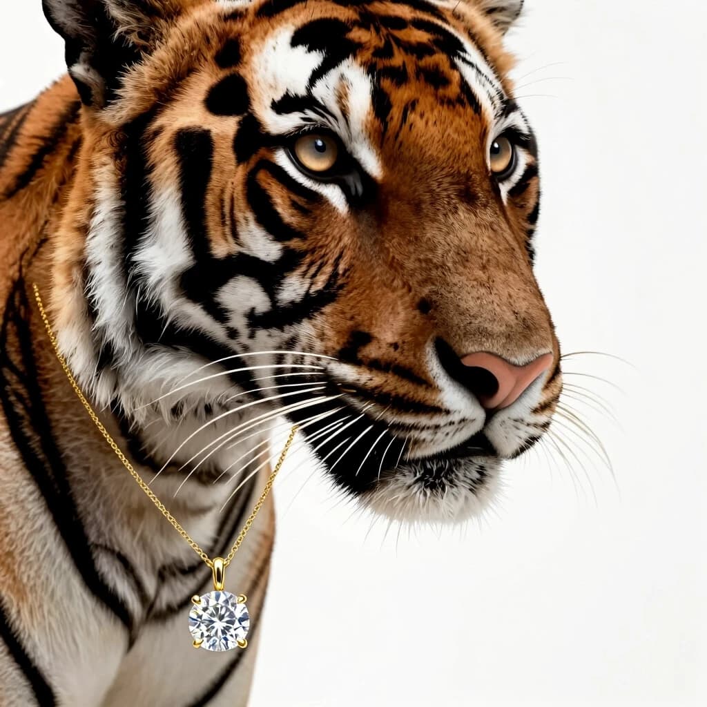 A masterpiece macro wildlife commercial photography of a gorgeous elegant female tiger animal, gentle feminine facial features, beautiful light sand-honey colored eyes, soft gaze. Half-profile view. She is wearing a realistic ultra-thin delicate gold chain necklace with a stunning 5-carat sparkling round brilliant-cut diamond pendant in a classic gold prong setting. The diamond is flawlessly clear, reflecting professional studio light with realistic caustic glows and sharp crisp facets. Solid seamless pristine white studio background. Soft warm editorial lighting, high contrast, clean photorealistic look.