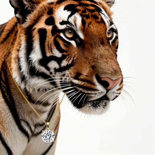 A masterpiece macro wildlife commercial photography of a gorgeous elegant female tiger animal, gentle feminine facial features, beautiful light sand-honey colored eyes, soft gaze. Half-profile view. She is wearing a realistic ultra-thin delicate gold chain necklace with a stunning 5-carat sparkling round brilliant-cut diamond pendant in a classic gold prong setting. The diamond is flawlessly clear, reflecting professional studio light with realistic caustic glows and sharp crisp facets. Solid seamless pristine white studio background. Soft warm editorial lighting, high contrast, clean photorealistic look.