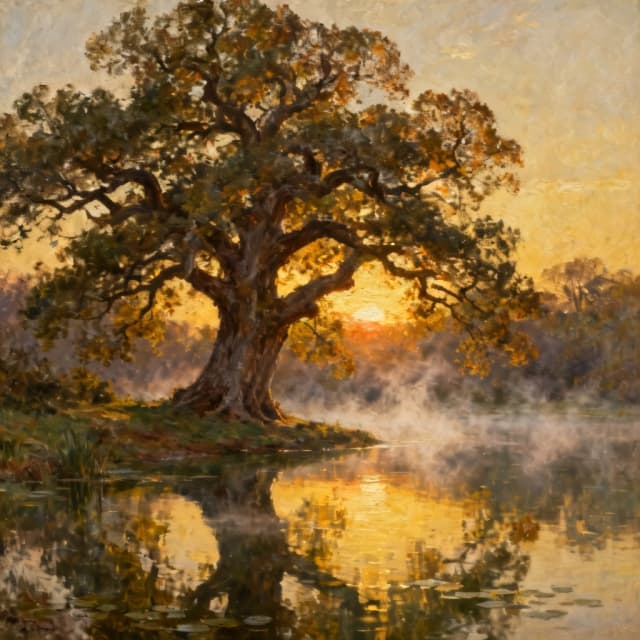An ancient, gnarled oak tree stands majestic on the edge of a serene, glassy pond, its leaves catching the last golden rays of sunset. Wisps of mist rise from the water's surface, creating an ethereal atmosphere. The scene is rendered in a painterly realism style, reminiscent of John Singer Sargent's textured brushwork and Albert Bierstadt's majestic landscapes, with a focus on soft, glowing light and a harmonious color palette.