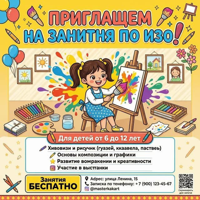 "Творческая мастерская" Крупный, яркий, игровой шрифт: ПРИГЛАШАЕМ 
 НА ЗАНЯТИЯ ПО ИЗО![ЦЕНТР: Визуальный блок]Здесь располагается сгенерированный рисунок (яркие брызги красок, карандаши, довольный рисующий ребенок).[НИЖНЯЯ ЧАСТЬ: Для кого и что будет]Выделено цветом или плашкой: Для детей от 6 до 12 летСписком (крупно и понятно):🖌️ Живопись и рисунок (гуашь, акварель, пастель)📐 Основы композиции и графики✨ Развитие воображения и креативности🖼️ Участие в выставкахЗанятия [БЕСПЛАТНО / цена]📍 Адрес: [Улица Ленина, 15📞 Запись по телефону ]🌐 Наш Инстаграм.Добавить в плакат рисующую девочку