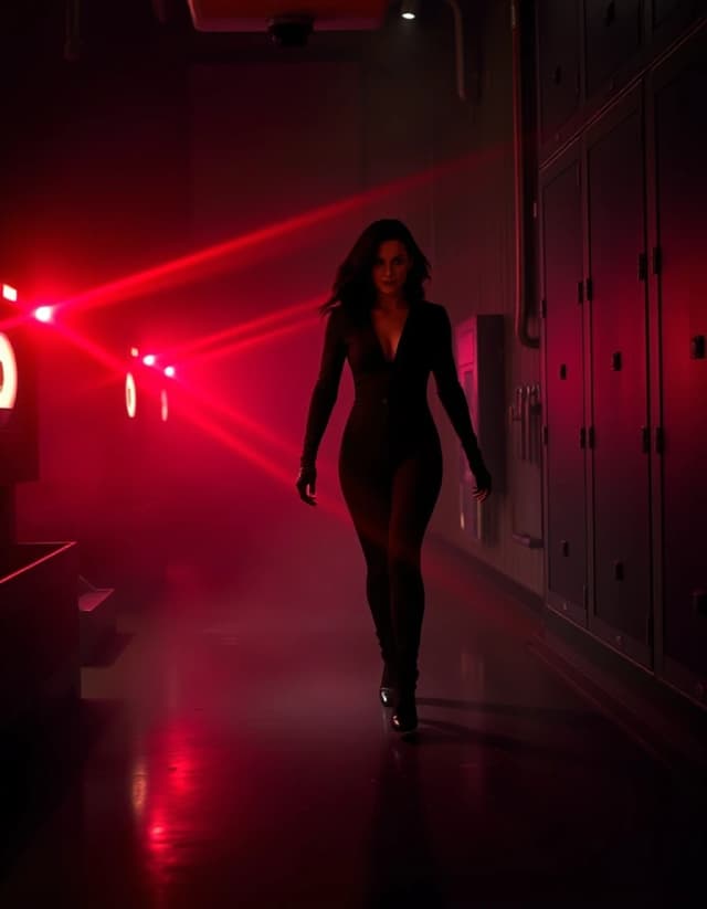 A realistic photo of Selina Kyle moving like a shadow through a pitch-black luxury vault. She is wearing a modern matte-black jumpsuit. Red laser security beams cut through the faint dust and fog in the room, creating dramatic red lighting on her silhouette. Suspenseful, sharp details.