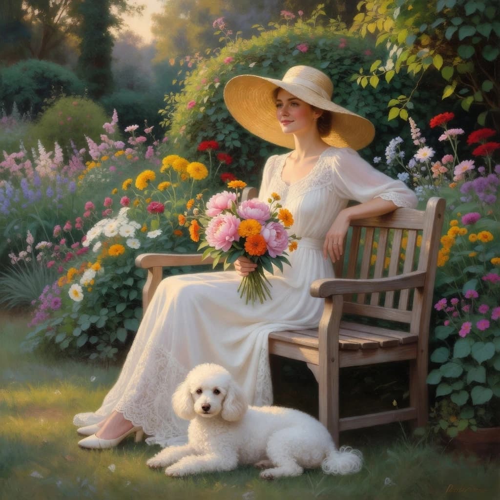 The image is a painting of a woman sitting on a wooden bench in a garden. She is wearing a white dress with a lace overlay and a large straw hat with a wide brim. The woman is holding a bouquet of pink and orange flowers in her left hand and is looking off to the side with a slight smile on her face. Next to her, there is a small white poodle dog lying on the ground. The background is filled with greenery and colorful flowers, creating a peaceful and serene atmosphere. The overall mood of the image is romantic and dreamy.