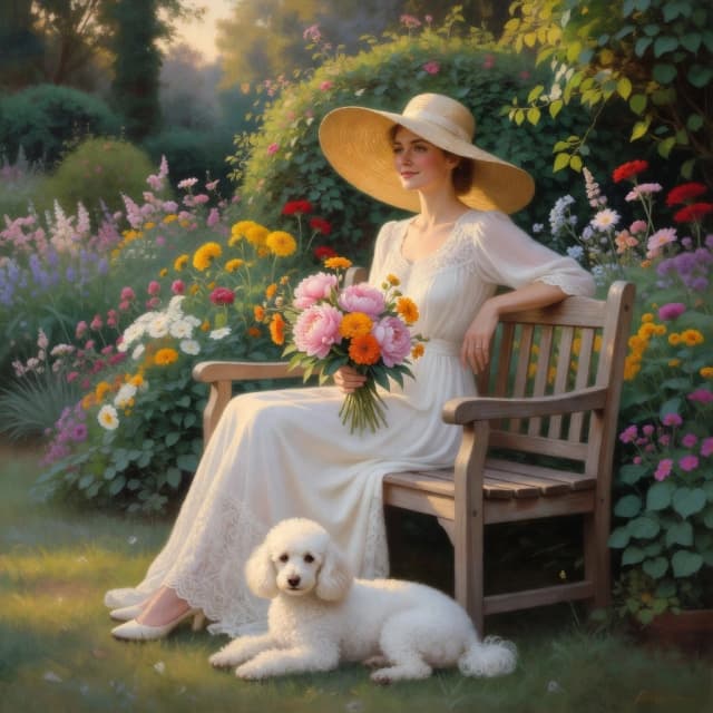 The image is a painting of a woman sitting on a wooden bench in a garden. She is wearing a white dress with a lace overlay and a large straw hat with a wide brim. The woman is holding a bouquet of pink and orange flowers in her left hand and is looking off to the side with a slight smile on her face. Next to her, there is a small white poodle dog lying on the ground. The background is filled with greenery and colorful flowers, creating a peaceful and serene atmosphere. The overall mood of the image is romantic and dreamy.