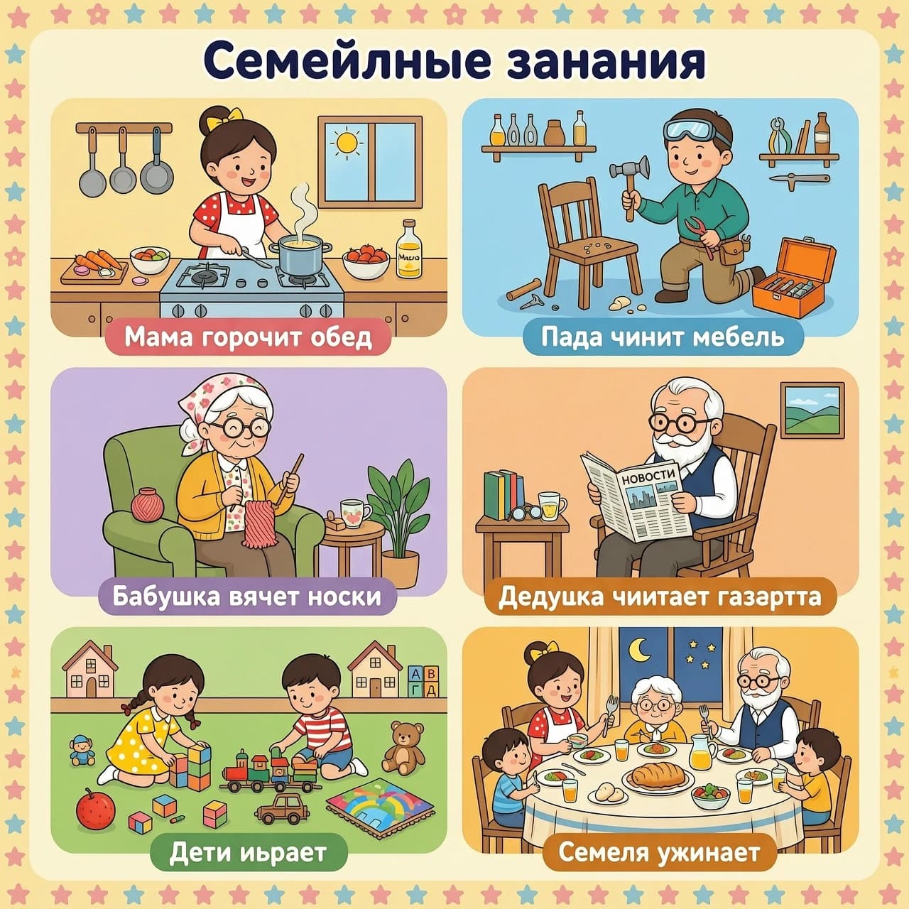 Изображение - коллаж в мультяшном стиле о занятиях членов  семьи Мама готовит обед. (Мама готовит обед.)

Папа чинит мебель. (Папа чинит мебель.)

Бабушка вяжет носки. (Бабушка вяжет носки.)

Дедушка читает газету. (Дедушка читает газету.)

Дети играют. (Дети играют.)

Семья ужинает. (Семья ужинает.)