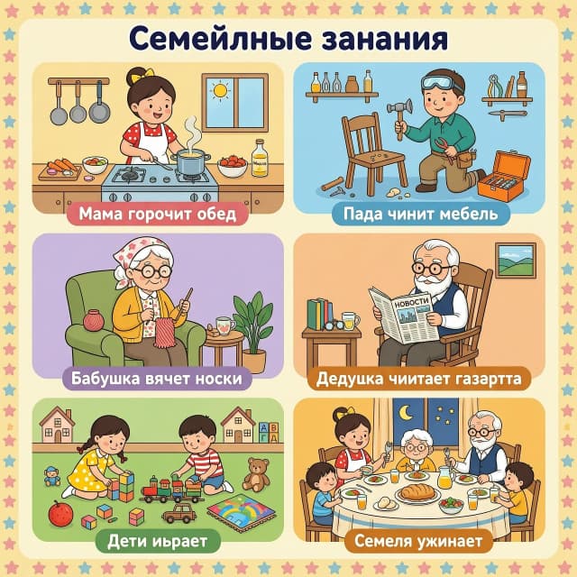 Изображение - коллаж в мультяшном стиле о занятиях членов  семьи Мама готовит обед. (Мама готовит обед.)

Папа чинит мебель. (Папа чинит мебель.)

Бабушка вяжет носки. (Бабушка вяжет носки.)

Дедушка читает газету. (Дедушка читает газету.)

Дети играют. (Дети играют.)

Семья ужинает. (Семья ужинает.)