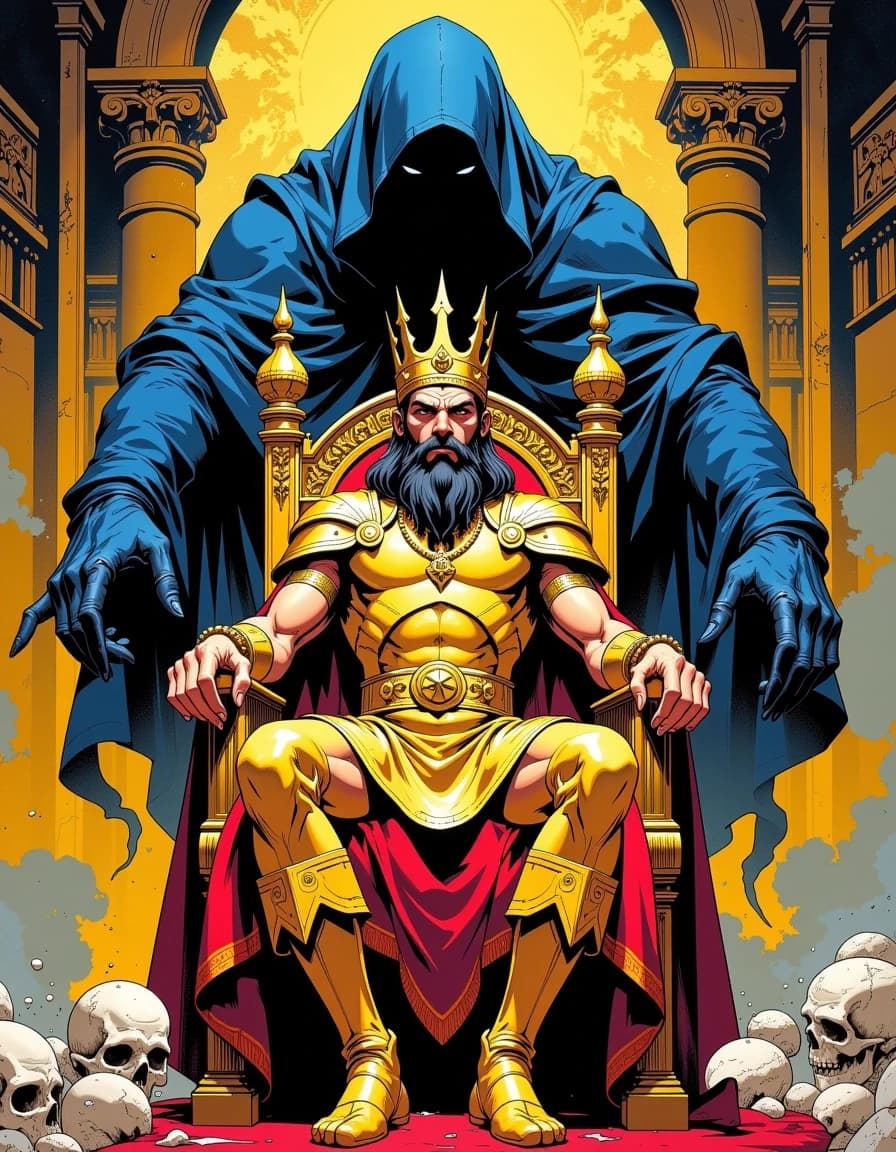 A masterpiece,  in the style of the 1980s, with bold lines, dynamic strokes and rich textures, on background with a touch of nostalgia, perhaps with subtle drawings inspired by cellulose and vintage, worn textures similar to paper, oil painting, ancient Kings Cannot Escape Death — A majestic ancient king sitting on a golden throne while a shadow of death silently approaches behind him, royal palace fading into darkness, cinematic biblical realism, 9:16. realistic image