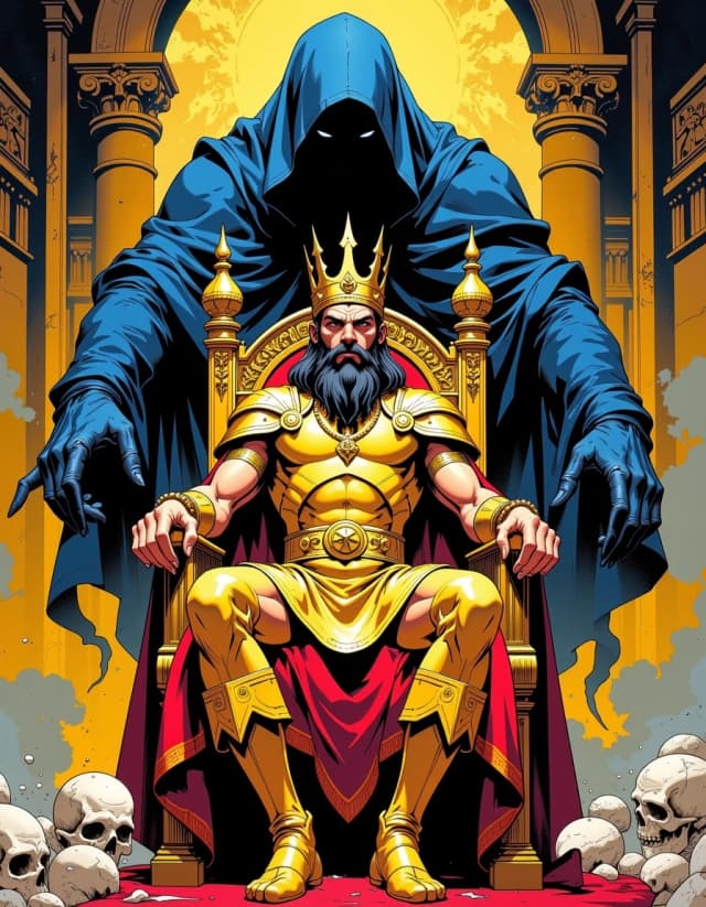 A masterpiece,  in the style of the 1980s, with bold lines, dynamic strokes and rich textures, on background with a touch of nostalgia, perhaps with subtle drawings inspired by cellulose and vintage, worn textures similar to paper, oil painting, ancient Kings Cannot Escape Death — A majestic ancient king sitting on a golden throne while a shadow of death silently approaches behind him, royal palace fading into darkness, cinematic biblical realism, 9:16. realistic image