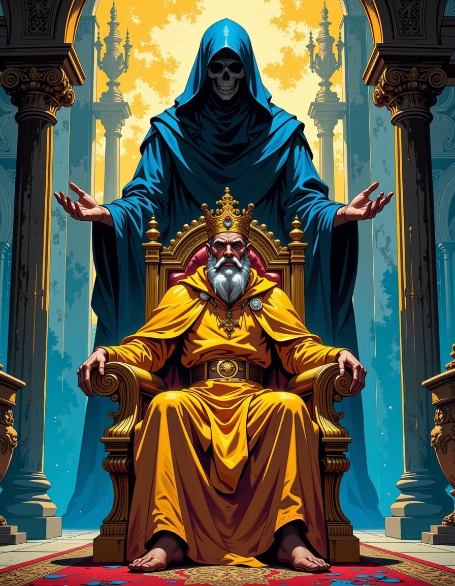 A masterpiece,  in the style of the 1980s, with bold lines, dynamic strokes and rich textures, on background with a touch of nostalgia, perhaps with subtle drawings inspired by cellulose and vintage, worn textures similar to paper, oil painting, ancient Kings Cannot Escape Death — A majestic ancient king sitting on a golden throne while a shadow of death silently approaches behind him, royal palace fading into darkness, cinematic biblical realism, 9:16. realistic image