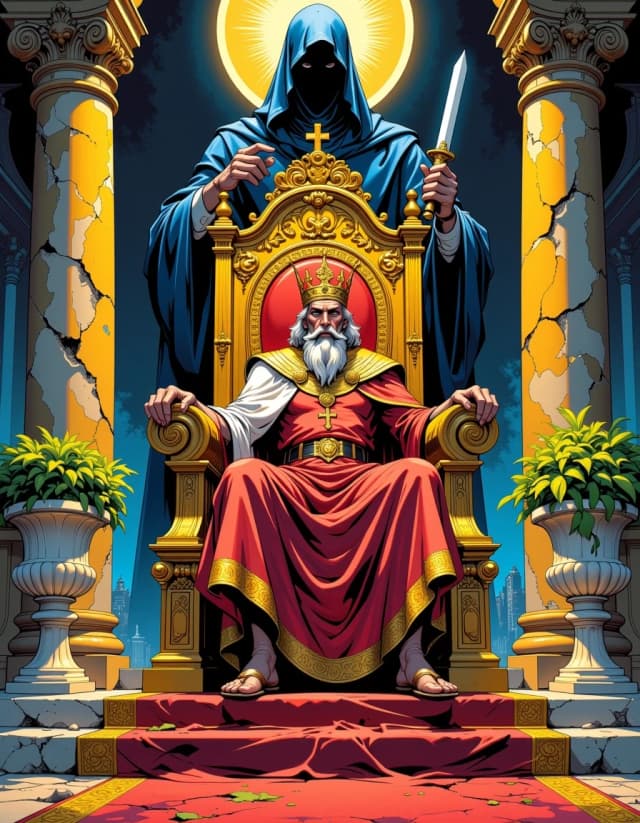 A masterpiece,  in the style of the 1980s, with bold lines, dynamic strokes and rich textures, on background with a touch of nostalgia, perhaps with subtle drawings inspired by cellulose and vintage, worn textures similar to paper, oil painting, ancient Kings Cannot Escape Death — A majestic ancient king sitting on a golden throne while a shadow of death silently approaches behind him, royal palace fading into darkness, cinematic biblical realism, 9:16. realistic image