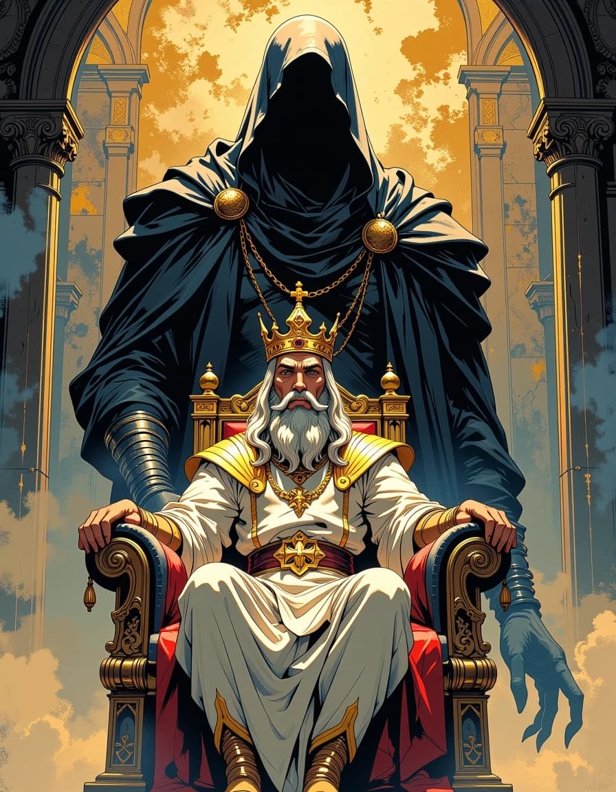 A masterpiece,  in the style of the 1980s, with bold lines, dynamic strokes and rich textures, on background with a touch of nostalgia, perhaps with subtle drawings inspired by cellulose and vintage, worn textures similar to paper, oil painting, ancient Kings Cannot Escape Death — A majestic ancient king sitting on a golden throne while a shadow of death silently approaches behind him, royal palace fading into darkness, cinematic biblical realism, 9:16. realistic image