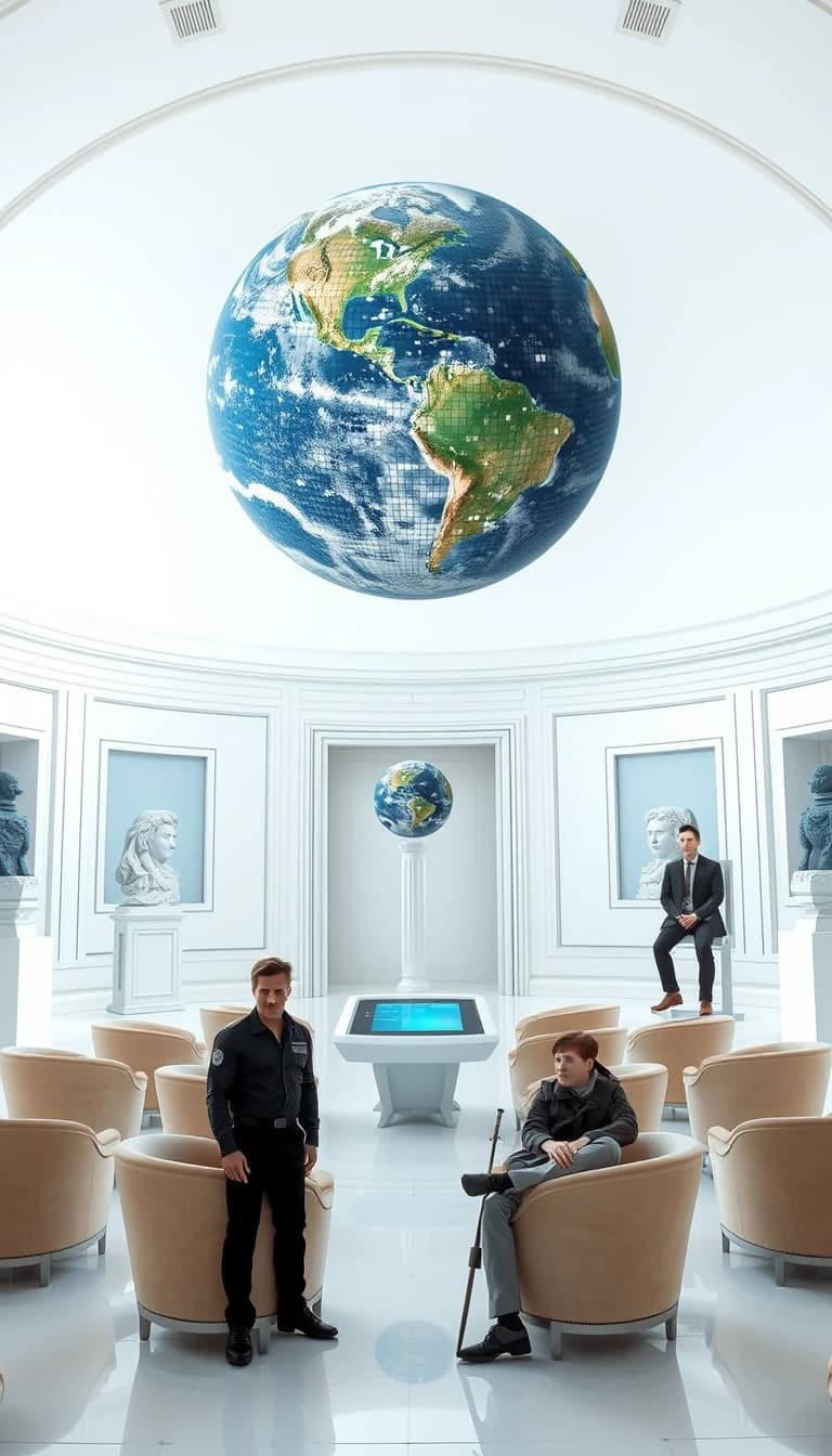 A large, semi-circular, white hall with no windows. Along the walls are sculptures depicting a ball on a very thin pillar. The walls are adorned with paintings depicting a ball on a pale blue background, with the surface of the ball covered in a mosaic pattern made up of numerous small black and mirror-like tiles, standing on a very thin pillar on a pale blue background. In the center of the hall is a holographic terminal. Standing near the terminal is a tall, muscular man in a flight suit without any insignia, accompanied by a 12-year-old boy. In the background, near the wall, a man in a silver-black suit is sitting on one of the soft chairs with a surprised expression on his face, while a young man in a flight suit with a thin sword on his belt is standing next to him. Above the holographic terminal, a three-dimensional image of the planet Earth is rotating, consisting of a mosaic pattern made up of numerous small black and mirror-colored tiles.