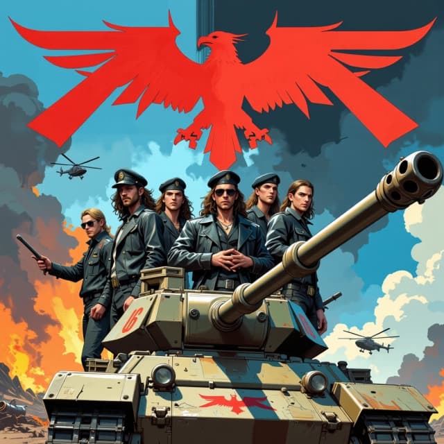 A masterpiece,  in the style of the 1980s, with bold lines, dynamic strokes and rich textures, on background with a touch of nostalgia, perhaps with subtle drawings inspired by cellulose and vintage, worn textures similar to paper,oil painting, Hyper-realistic cinematic heavy metal album cover: low-angle wide-angle perspective centered on a battle-worn tank turret with an oversized barrel aimed toward the viewer, five hardened band members posed on the tank wearing black leather jackets, studded gear, military berets and aviator sunglasses, stern weathered expressions, scars and chains; apocalyptic battlefield background with burning wreckage, billowing smoke, flying helicopters and distant explosions, embers and sparks in the air; dramatic rim and volumetric lighting, deep shadows, warm orange fire glow contrasting with cold steel blues, high contrast filmic color grading, heavy film grain and grit, ultra-detailed textures on metal, chipped paint, rust, oil stains and rivets, embossed eagle insignia and stenciled numbers on the tank, distressed bold red band logo across the top and bold red block lettering with stencil-style subtitle beneath, symmetrical poster composition, epic, gritty, cinematic, ultra-detailed 4k. celshading, simple background