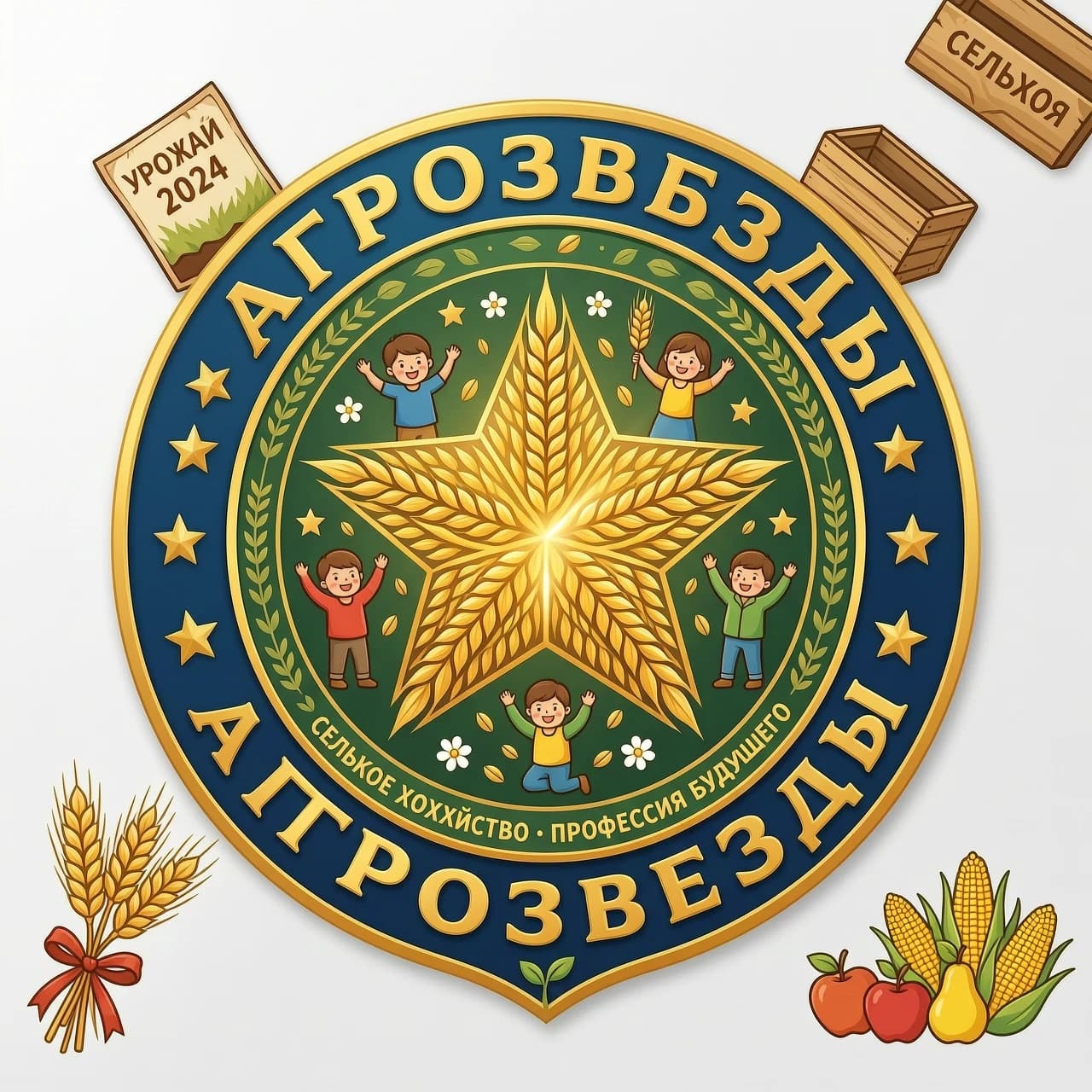 Эмблема с названием АГРОЗВЁЗДЫ. На эмблеме должна быть звезда, колосья ( Или звезда из колосьев), что- то сельскохозяйственное и могут быть дети. Эмблема должна быть яркая