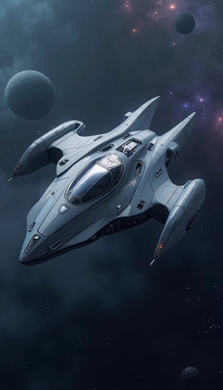 Isometric ¾ view of a sleek, predatory, sculptural sci‑fi spacecraft. Seamless aerodynamic hull with sharp outward‑swept wing structures, wide frontal glass canopy, exposed internal mechanical components in the central body. Dark matte grey base with polished silver‑white segmented armor panels integrated into the main hull. Smooth metallic finish, minimalistic surface details with clear seam lines between the armored sections. Clean, sharp geometry, aggressive stance, elegant and futuristic design. Set against an atmospheric deep space background: rich dark blue and violet nebula, soft volumetric lighting, distant planets with rings, and scattered stars. The ship appears small in the frame, floating gracefully in deep cosmic space. Cinematic, high contrast, photorealistic textures, 8k