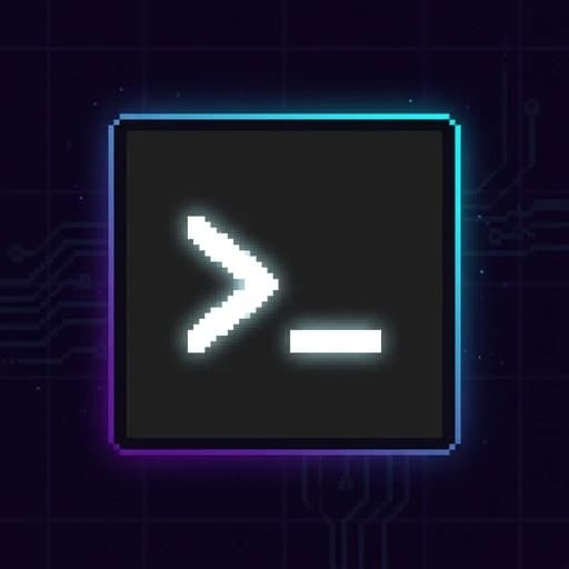 Minimalist 16-bit pixel art of a glowing white terminal prompt symbol ">_" inside a simple dark grey square. Cyberpunk aesthetic but clean. Deep purple and neon blue accents. Flat design, centered, high contrast, tech-focused, professional developer vibe.