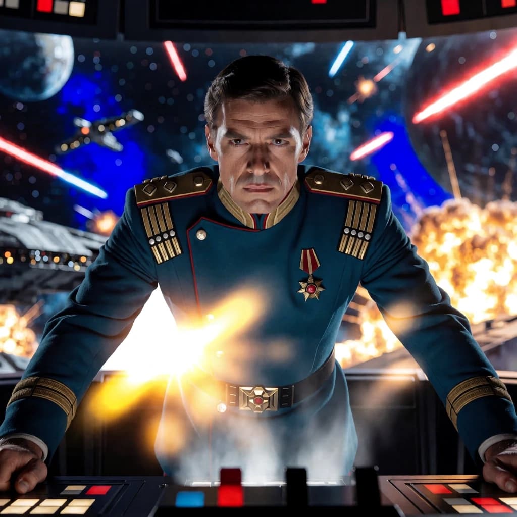 Imagine a vivid cinematic image of a 25‑year‑old man in the uniform of an admiral of the space fleet of a powerful empire. He is focused and serious, leaning over the control panel. His eyes reveal anxiety, but at the same time they are full of courage and determination, fixed on the future.
Focus attention on the hero’s eyes, making them the emotional center of the image. His figure and stern expression create an atmosphere of tension and anxious readiness for any events. In the background, a grand space battle is unfolding. The lighting should be dramatic: laser flashes and explosions cast glare on the hero’s face and figure, creating a sense of danger and fear.