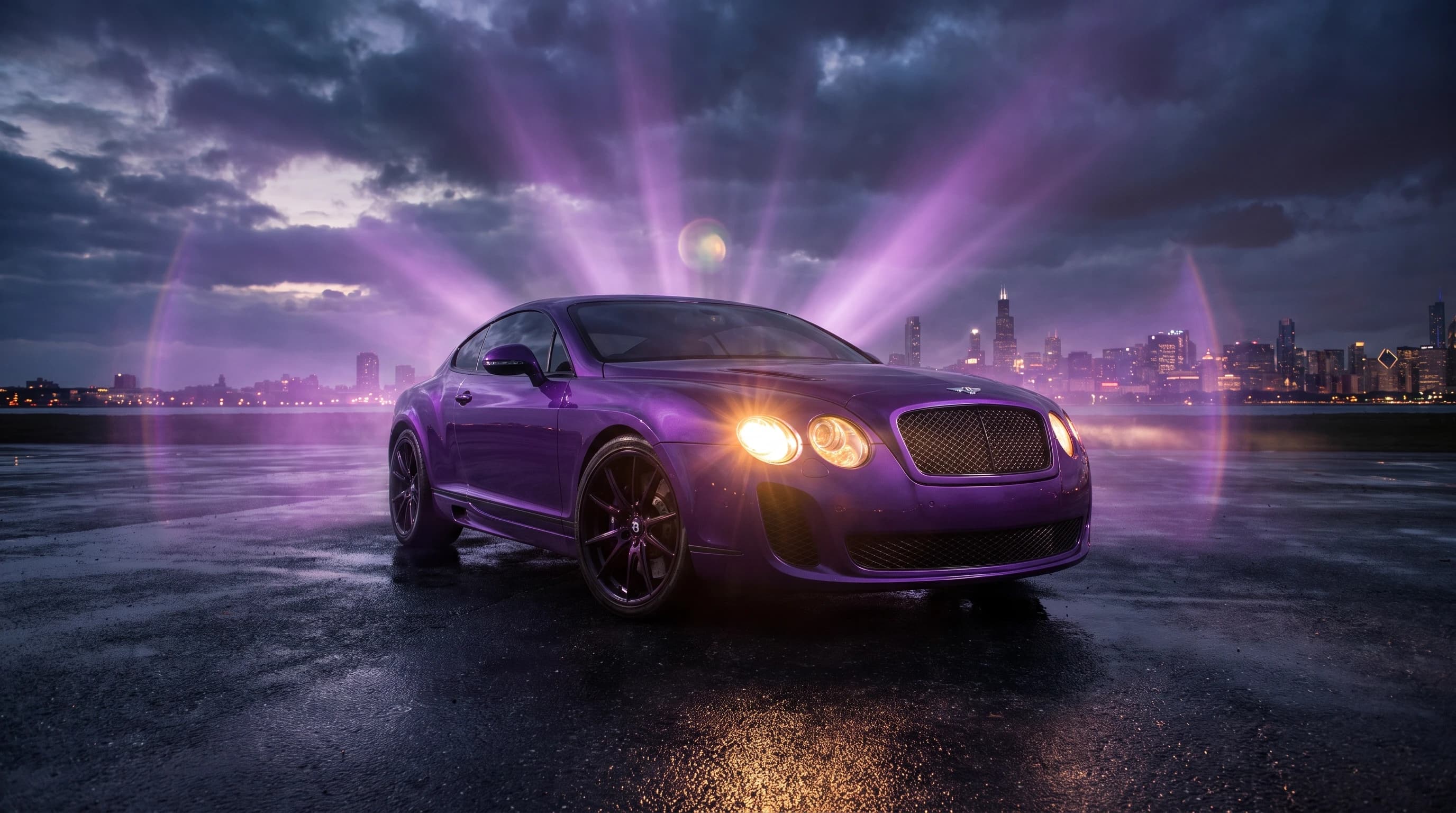 Bentley Continental GT, фиолетовый окрас, стоит на асфальте, эпичный ракурс, фиолетовые лучи, горящие фары, кинематографичная съёмка, шедевр