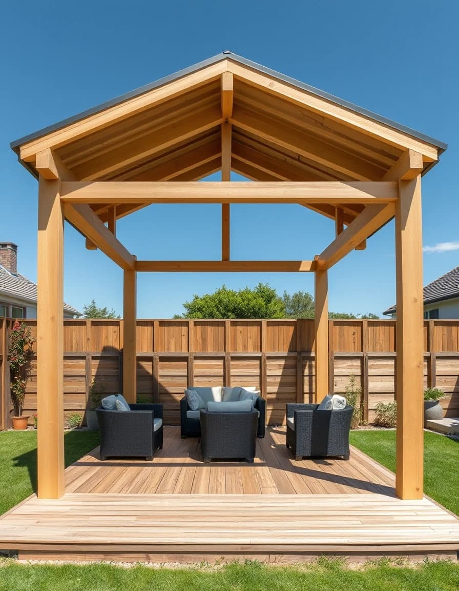 Vertical architectural photography of a luxury modern outdoor gazebo backyard pavilion. Flat roof, open timber construction, light oak wood posts and beams. Built on a premium wide wooden terrace deck. Minimalist patio furniture set inside the pavilion. Sunny summer day, soft shadows, manicured lawn around, ultra-detailed architectural presentation.