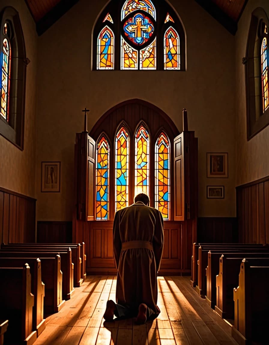 An emotional final scene inside a dim church at dawn. A man has just finished his confession and slowly steps out of the wooden confessional. He stops in the middle of the empty church, closes his eyes and takes a deep breath. His face carries pain, tears and profound relief. The first golden sunlight pours through a gigantic stained-glass window, gradually pushing the darkness away. The priest remains quietly in the shadows behind him. Tiny particles of dust shimmer in the beams of light, while candles still burn near the altar. A powerful visual metaphor: a man leaves his dark past behind and finally walks toward the light. Beautiful, profound and emotional cinematic frame. Photorealistic, golden light, volumetric illumination, incredibly detailed, vertical composition.