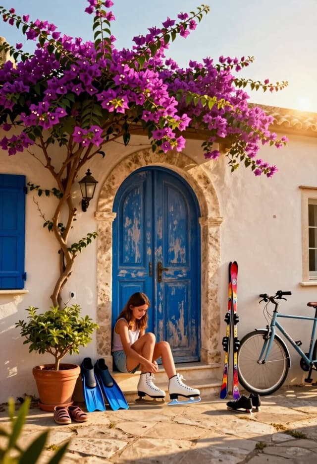 Photorealistic cinematic shot, 8K resolution, hyper-realistic style with Mediterranean charm—a sun-drenched entryway rendered with tangible textures and natural lighting.
На пороге сидит милая красивая девушка и снимает коньки.
Composition: a weathered arched doorway with a faded blue wooden door set in a creamy stucco wall. Above, a lush cascade of purple bougainvillea spills over the lintel, its blooms vivid against the bright sky. To the left, a small blue shutter and a terracotta pot with green foliage rest on the stone steps. A vintage wall lantern adds a touch of old-world elegance.

In front of the entrance, a collection of items tells a story of active lives: a pair of bright diving flippers, a pair of ice skates with gleaming blades, a pair of compact cross-country skis, and a lightweight bicycle casually leaning against the wall. Among these, a few pairs of everyday shoes sit scattered—some neatly placed, others hastily kicked off—evoking the ritual of removing footwear before stepping inside.

Lighting: warm, golden sunlight from a low angle casts long, soft shadows, highlighting the grain of the wood, the rough texture of the stucco, and the delicate petals of the bougainvillea. Subtle lens flare and a shallow depth of field keep the doorway and foreground items sharp while gently blurring the background.

Atmosphere: relaxed, sunlit, and full of character—a snapshot of a home where adventure and comfort coexist.

Style: photorealism with a painterly warmth, capturing every texture and nuance with lifelike precision.
