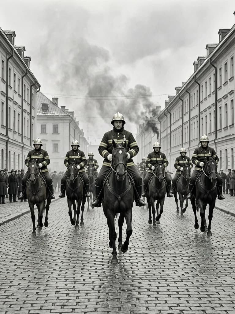 пожарный конный бочечный ход , скачет на пожар пожарная команда по улицам города российской империи