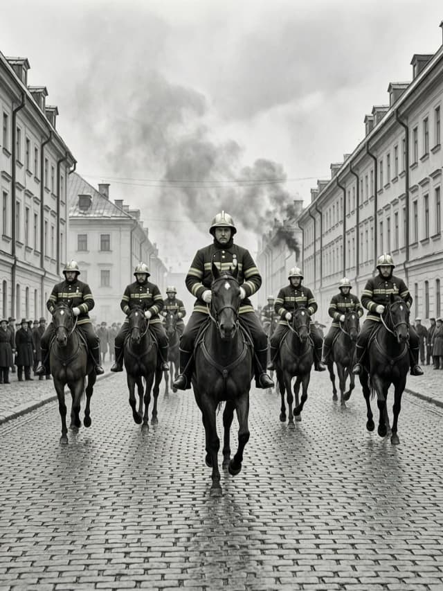 пожарный конный бочечный ход , скачет на пожар пожарная команда по улицам города российской империи