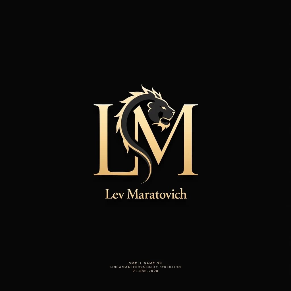 Elegant monogram logo for “Лев Маратович”: intertwined stylized letters “ЛМ” in a bold, sculptural way, with organic curves and sharp angles. One of the curves subtly forms a lion’s mane or eye. Color: matte black and gold metallic. Typography: clean uppercase sans‑serif for the full name, smaller size, placed under the monogram. Vector, flat, high contrast. Minimalist but memorable, works well on dark and light backgrounds.