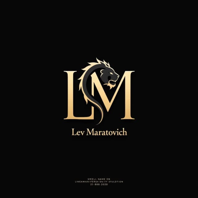 Elegant monogram logo for “Лев Маратович”: intertwined stylized letters “ЛМ” in a bold, sculptural way, with organic curves and sharp angles. One of the curves subtly forms a lion’s mane or eye. Color: matte black and gold metallic. Typography: clean uppercase sans‑serif for the full name, smaller size, placed under the monogram. Vector, flat, high contrast. Minimalist but memorable, works well on dark and light backgrounds.