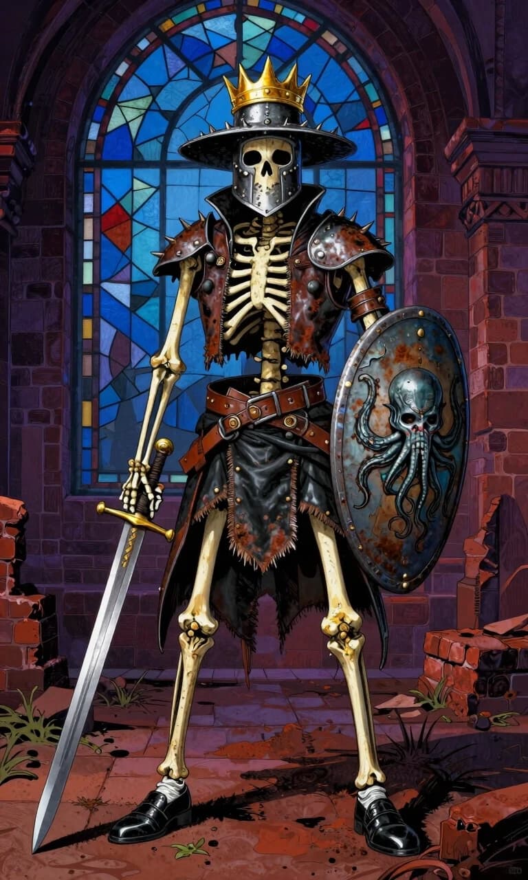 Image drawing. Skeleton. Spiked helmet with a wide brim with leather garters. Color picture. Remnants of iron armor, rusty. Sleeveless leather vest over the armor. In one hand, a sword with a long blade, in the other hand, an oval shield with an image of Cthulhu. Swampy revenge. Building old ruins of dark red and dark purple brick. Stained glass mosaic. Blue sky. Short black leather skirt. White remains of socks. New black patent leather shoes. On the head is a shining golden crown.