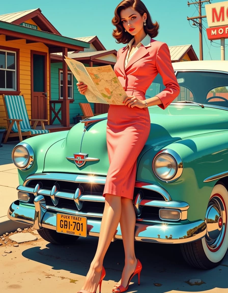A masterpiece,  in the style of the 1980s, with bold lines, dynamic strokes and rich textures, on background with a touch of nostalgia, perhaps with subtle drawings inspired by cellulose and vintage, worn textures similar to paper, oil painting, Photorealistic cinematic 1940s–1950s roadside scene featuring a poised woman in a coral-pink tailored skirt suit with cream blouse and lapel, mid-length soft waved hair, vintage open-toe heels, standing beside a mint-green classic sedan with rounded chrome bumper, triple front headlights and polished hubcaps, leaning on the hood holding an unfolded paper map. Background of colorful wooden motel cabins, striped deck chairs and retro signage, late-afternoon golden hour sunlight casting warm directional light and soft shadows. Emphasize fabric texture, map creases, chrome reflections, subtle dust on car paint, weathered wooden boards, and pebble-strewn pavement. Composition: full-body three-quarter view, eye-level, slightly off-center subject, shallow depth of field to softly blur background. Use 35mm equivalent framing, f/2.8, natural film grain, cinematic color grading with warm highlights and muted teals in shadows, gentle vignetting, high detail and sharpness, authentic period props and styling, nostalgic mood, high-resolution output. hdr