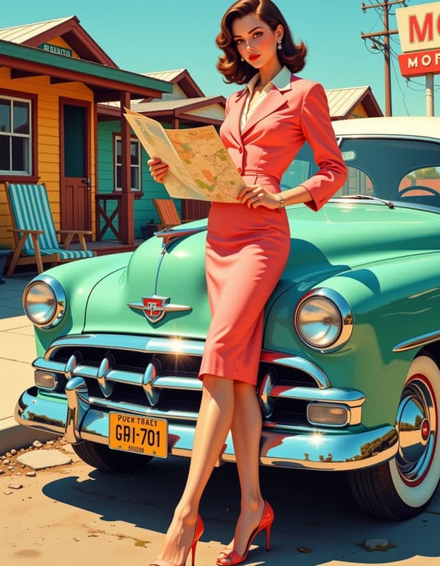 A masterpiece,  in the style of the 1980s, with bold lines, dynamic strokes and rich textures, on background with a touch of nostalgia, perhaps with subtle drawings inspired by cellulose and vintage, worn textures similar to paper, oil painting, Photorealistic cinematic 1940s–1950s roadside scene featuring a poised woman in a coral-pink tailored skirt suit with cream blouse and lapel, mid-length soft waved hair, vintage open-toe heels, standing beside a mint-green classic sedan with rounded chrome bumper, triple front headlights and polished hubcaps, leaning on the hood holding an unfolded paper map. Background of colorful wooden motel cabins, striped deck chairs and retro signage, late-afternoon golden hour sunlight casting warm directional light and soft shadows. Emphasize fabric texture, map creases, chrome reflections, subtle dust on car paint, weathered wooden boards, and pebble-strewn pavement. Composition: full-body three-quarter view, eye-level, slightly off-center subject, shallow depth of field to softly blur background. Use 35mm equivalent framing, f/2.8, natural film grain, cinematic color grading with warm highlights and muted teals in shadows, gentle vignetting, high detail and sharpness, authentic period props and styling, nostalgic mood, high-resolution output. hdr